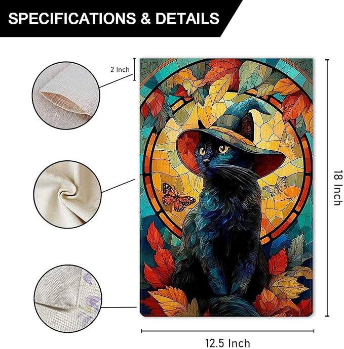 Halloween Wizard Cat Garden Flag Stained Glass Style Holiday Garden Flag Vertical Double Sided Rustic Farmland Burlap Yard Lawn Outdoor Decor 12.5x18"