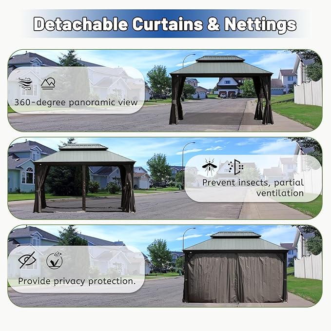 Outdoor Hardtop Gazebo for Patio 10x14FT with Resin-Galvanized Steel Roof, Metal Hard Top Gazebo with Gutters, Heavy Duty Gazebos All Season with Curtains & Netting, for Deck, Backyard, Hot Tub