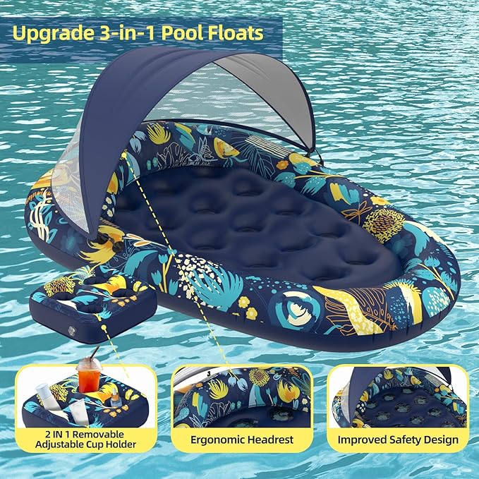 3-in-1 Pool Floats with Canopy Cup Holder, Large 73" x 48" Pool Floats Adults Heavy Duty, Inflatable Lounger Raft Floating Chair with Backrest, Swimming Pool Lake Beach Pool Party