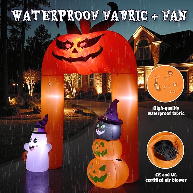 11FT Halloween Inflatable, Giant Halloween Inflatables Archway, Inflatables Blow Up Scary Pumpkin with Ghost and Cat for Lawn Garden Yard Holiday Party Decorations