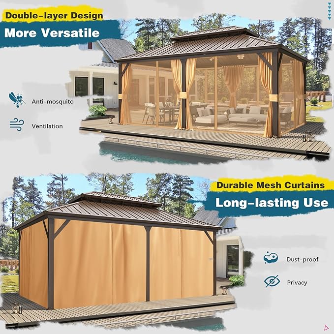 MELLCOM 12'x18' Hardtop Gazebo, Metal Double Roof Aluminum Gazebos with Curtain and Netting,Brown Permanent Galvanized Steel Pavilion for Patio, Lawn & Deck