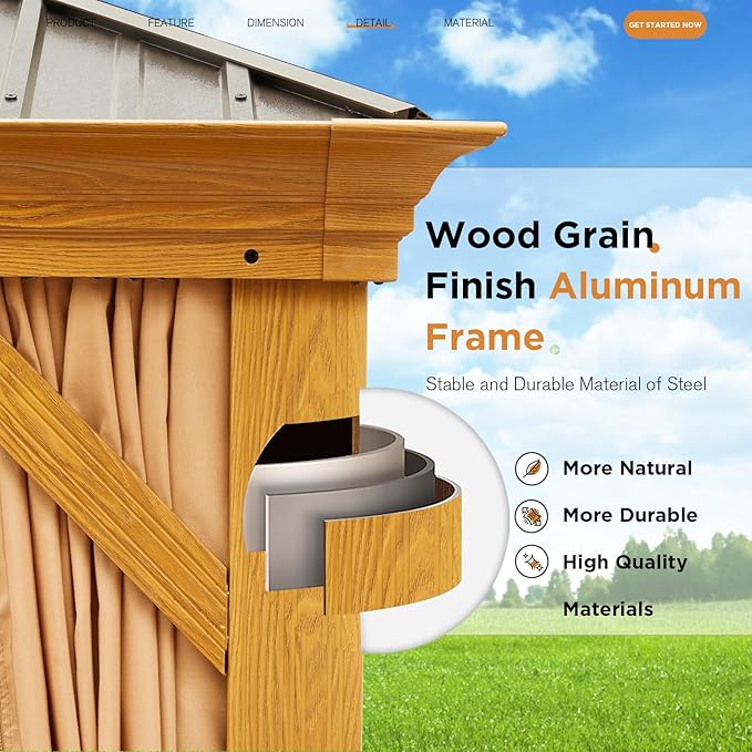 YOLENY 14'x24' Gazebo, Wooden Finish Coated Aluminum Frame Pergola with Double Galvanized Steel Hardtop Roof, Outdoor Permanent Metal Pavilion with Curtains and Nettings for Patio, Backyard and Deck