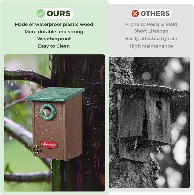 Kingsyard Recycled Plastic Bird House for Outdoors - Weatherproof Wren Bird Nesting with Predator Guard & Air Vents, Green
