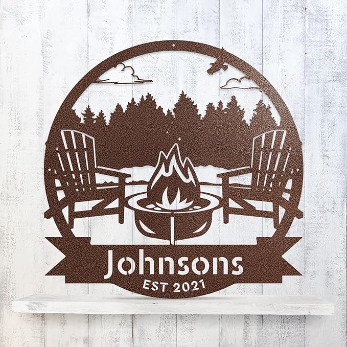 RealSteel Forest Campfire Monogram, Custom Home & Wall Décor, Personalized Sign, Outdoor Campsite, for Backyards, Deer Leases, Campgrounds, and Fire Pit area (Black, 18)