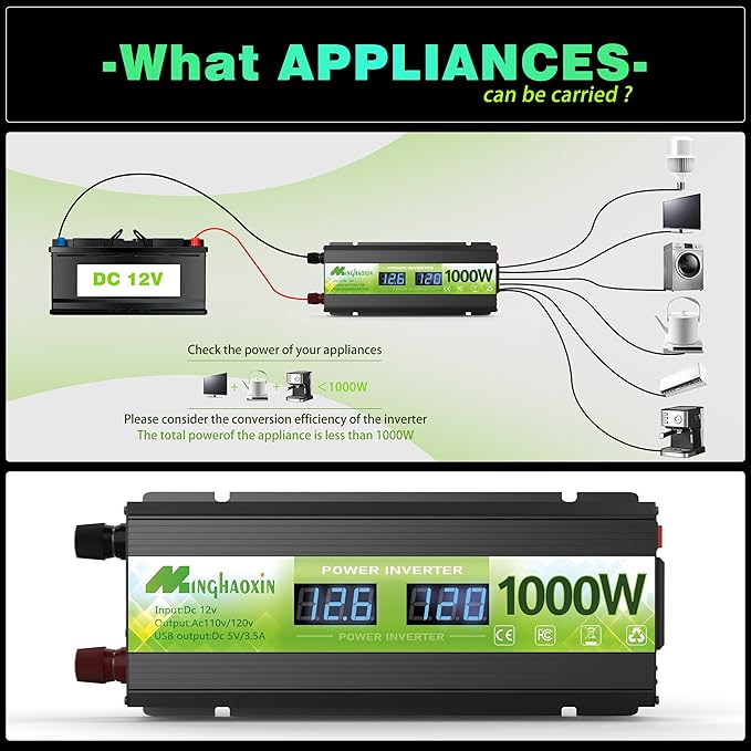 1000 Watt Inverter, 12v Dc to 110v Ac Inverter,Power Inverters for Vehicles, Ac Outlets and 2 USB Ports for Cars, Trucks, Rvs, Homes and Camping