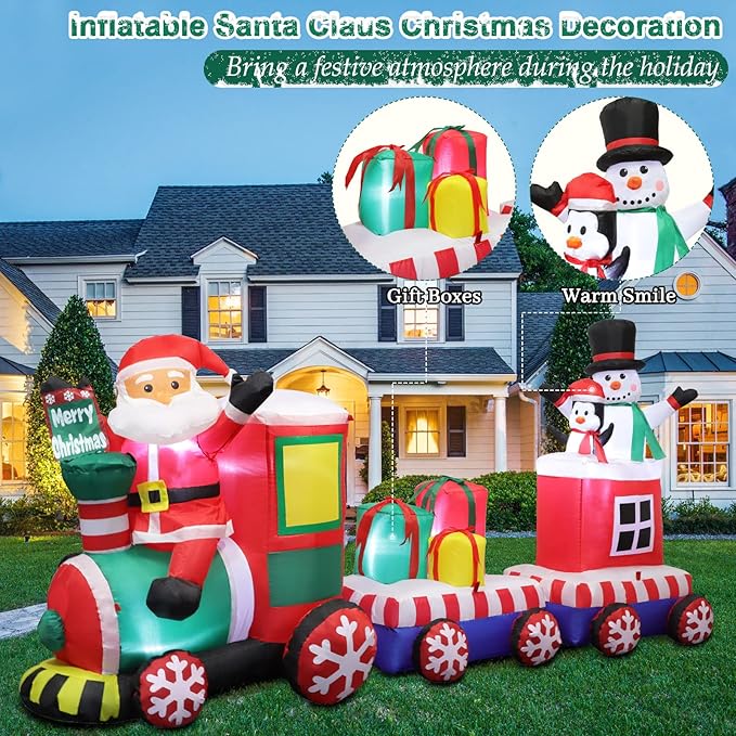 8 FT Christmas Inflatable Train with Santa Claus, Snowman, Penguin, Gift Boxes, Blow Up Yard Decorations with Built-in Lights, Lovely Xmas Train Carriage for Holiday Display Lawn Garden Party Decor