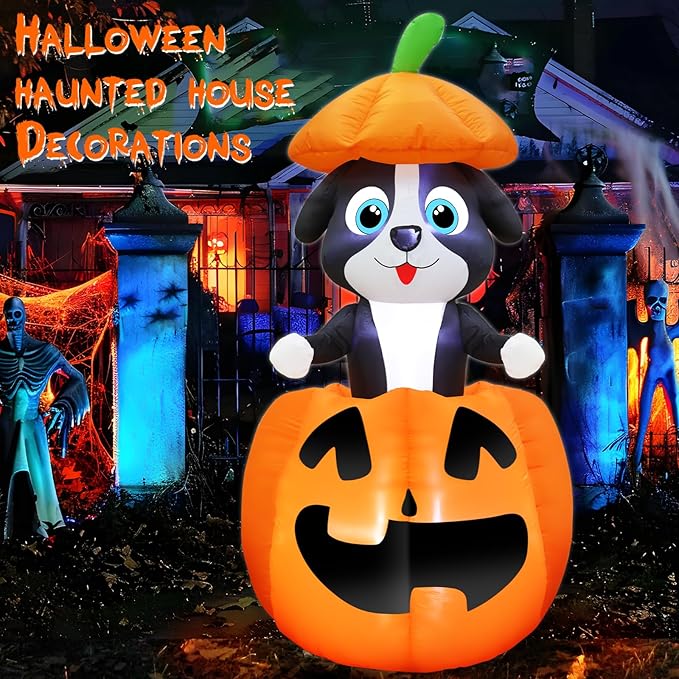 5 FT Halloween Inflatables Animated Dog On Pumpkin Outdoor Decorations Blow Up Yard with Built-in LEDs, Halloween Blow Up Outdoor Decor for Indoor Party Outdoor Garden Lawn