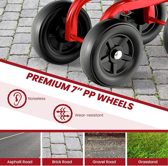 Rolling Garden Seat, Garden Cart with 360° Swivel Work Seat & Adjustable Height, Heavy Duty Garden Seat with Wheels for Lawn Yard Patio Greenhouse Planting Cleaning (Red)