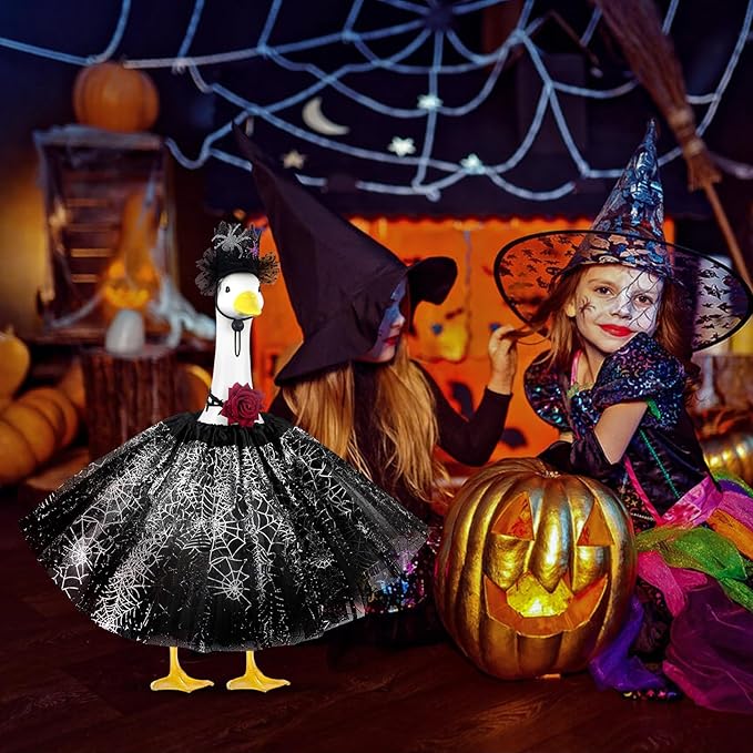Halloween Porch Goose Outfits and Goose Clothes Fits 23" Plastic Cement Statues, Black Goose Outfit Costume with Rose Necklace for Outdoor Patio Yard Lawn Party