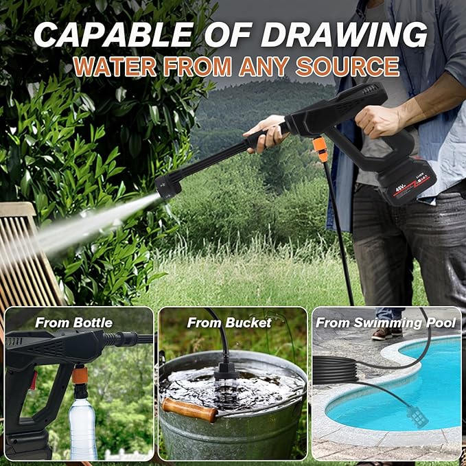 Portable Cordless Pressure Washer, Electric Pressure Washer Battery Powered with 2 Batteries & 6-in-1 Nozzle, 16FT Hose,Handheld Car Washer for Floor Wall Fence Cleaning Garden Watering