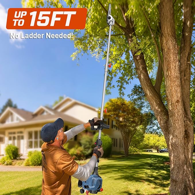 SENIX 26.5cc 4-Stroke Gas Pole Saw | No Oil Mixing | Fuel Efficient | 8-Inch Bar & Chain | Extension Pole up to 14 Ft | High Torque Power Pruner Pole Chainsaw for Tree Trimming & Limb Cutting