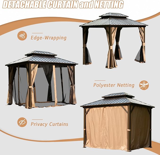 Domi 8' x 10' Hardtop Gazebo Permanent Metal Gazebo with Galvanized Steel Double Roof, Curtains and Netting for Party, Wedding, Outdoor Dining, Patio, Backyard, Brown