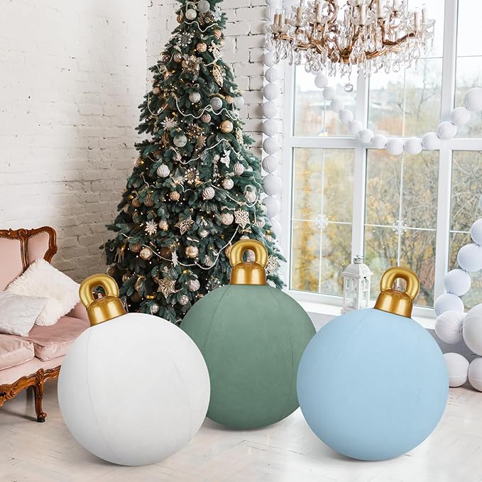 Jetec 3 Pcs 32 Inch Giant Velvet Christmas Inflatable Balls Ornament Flocked Xmas PVC Inflatable Flocked Ball Ornaments for Christmas Holiday Outdoor Blow up Yard Decor(Light Green, White, Gray Blue)
