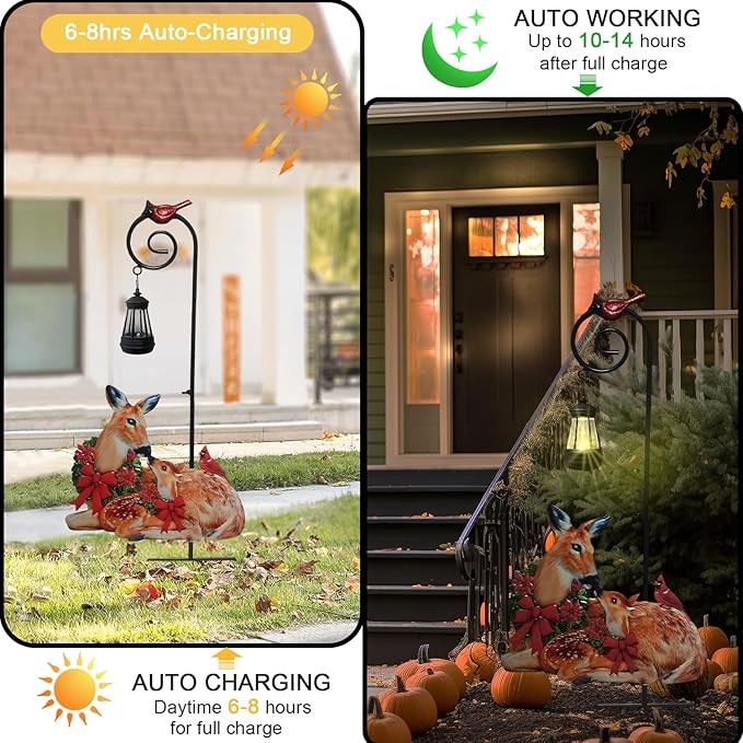 Solar Lights Reindeer Ground Stake Decor Metal Reindeer and Fawn Outdoor Sculptures Suitable for Outdoor Garden Courtyard and Lawn Christmas Decorations and Thanksgiving Gifts