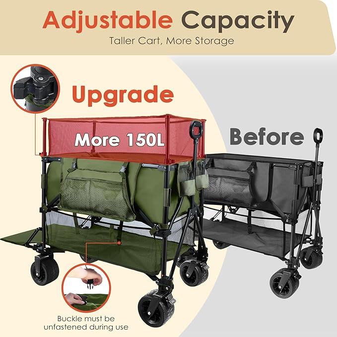 HOPERAN 550L XXL Wagons Carts Foldable, 54" Extra Length & Height Double Deck Collapsible Wagon Cart with Tailgate, 8" Big All-Terrain Wheels, 550lbs Load Utility Grocery Cart for Camping,Sports,Beach