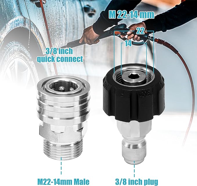 Tool Daily Pressure Washer Adapter Set, Stainless Steel Quick Connect Kit, M22 14mm to 3/8" Quick Disconnect Kit for Power Washer, 8 PCs