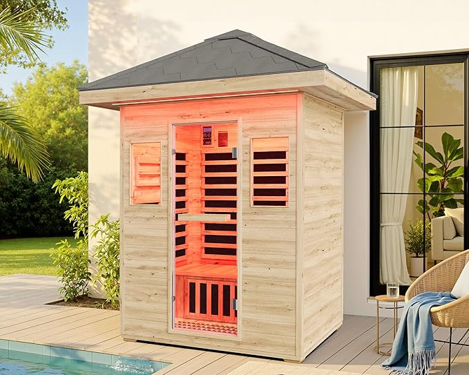 Albott Outdoor Sauna 3 Person, Infrared Saunas for Home, Low EMF 2645W/240V Spruce Wood Dry Sauna with Tourmaline Stone Foot Warmer, 7-Color Light Therapy & 2 Bluetooth Speakers, 60.2"x43.3"x98.4"