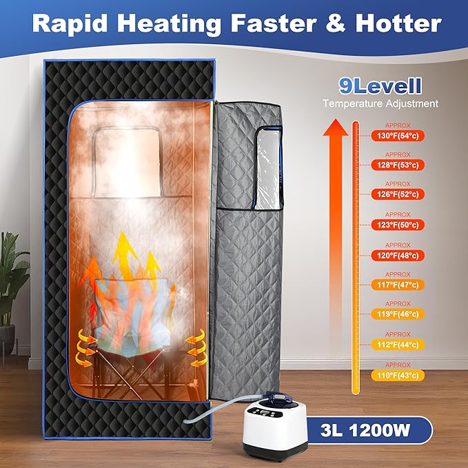 Upgraded Sauna Box - Portable Sauna for Home with 3L 1200W Steamer, 9 Levels, 5-Layer Thermal Insulation Tent with 3 Windows, Home Sauna for Relaxation, Detoxification, Size 2.6' x 2.6' x 5.9'