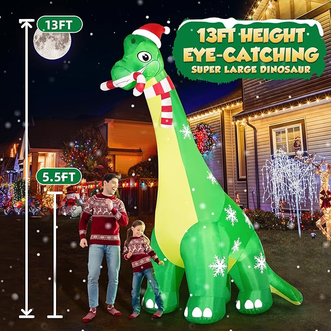 13FT Giant Dinosaur Christmas Inflatable Decorations, Built-in LED Lights, Strong Blower Huge Blow Up Yard Clearance Decor with Large Candy Cane Xmas Santa Hat Outdoor Indoor Holiday Party