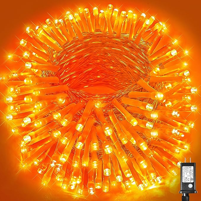 Vivideal 164ft 500 LED Orange Halloween Lights Outdoor Waterproof Halloween String Lights Indoor 8 Modes Clear Wire, Plug in Orange Christmas Light for Xmars Tree Bedroom Thanksgiving Decorations