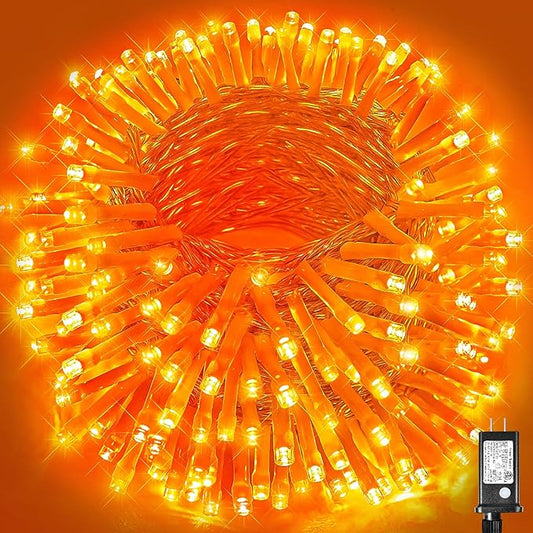 Vivideal 164ft 500 LED Orange Halloween Lights Outdoor Waterproof Halloween String Lights Indoor 8 Modes Clear Wire, Plug in Orange Christmas Light for Xmars Tree Bedroom Thanksgiving Decorations