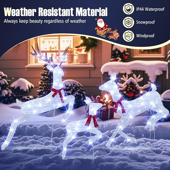 Tangkula 3-Piece Christmas Lighted Reindeer Family Set, Xmas Pre-Lit Reindeer with 255 Cold White LED Lights, Ground Stakes & Zip Ties, All-Weather Festive Decoration for Indoor Outdoor