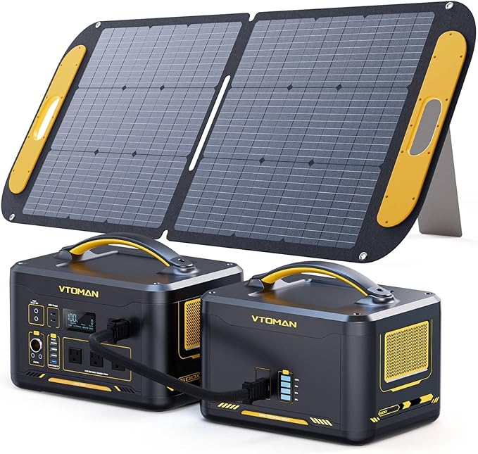 VTOMAN 2376Wh Portable Power Station with Extra Battery & 110W Solar Panel - 1500W Up to 3000W Solar Power Generator for Home Backup, Off-grid, Road Trip, RV, Camping, Fishing, Emergencies