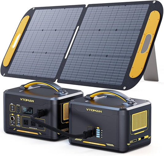 VTOMAN 2376Wh Portable Power Station with Extra Battery & 110W Solar Panel - 1500W Up to 3000W Solar Power Generator for Home Backup, Off-grid, Road Trip, RV, Camping, Fishing, Emergencies