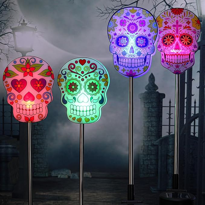 Retisee 4 Pack Day of The Dead Sugar Skull Solar Lights with Stakes Outdoors Skull Solar Yard Decorations Waterproof Lights for Halloween Outdoor Garden Lawn Patio Porch Pathway Decor Favors