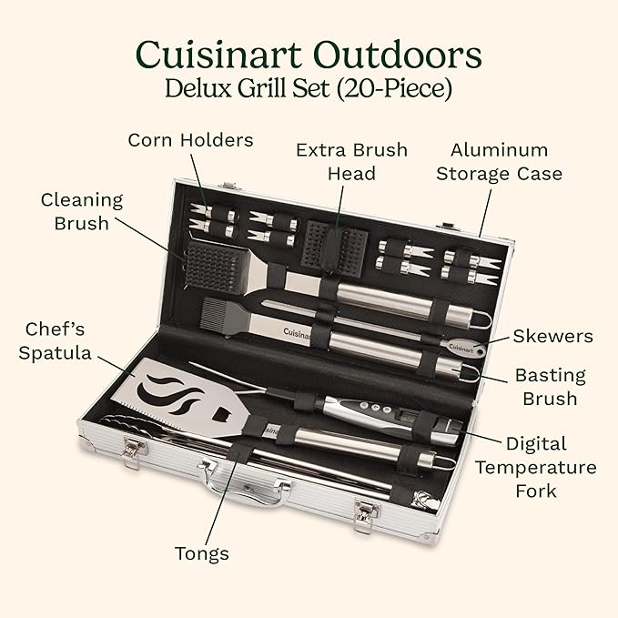 Cuisinart Deluxe Grill Tool Set, 20-Piece BBQ Kit with Aluminum Case and Digital Temperature Fork, Spatula, Tongs, Grill Accessories and Utensils, Grilling Set for Cookout (Pack of 4)