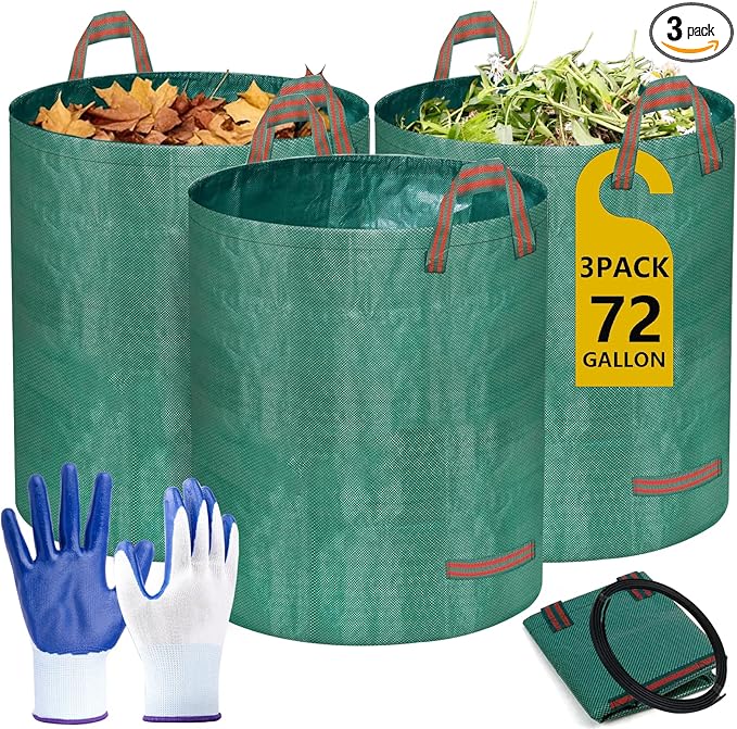 Reusable Yard Waste Bags, 72 Gallon Lawn and Leaf Bags 3 Pack with Reinforced Handles and Gardening Gloves, Heavy Duty Standable Garden Waste Bags for Leaves, Grass, Camping, Recycling