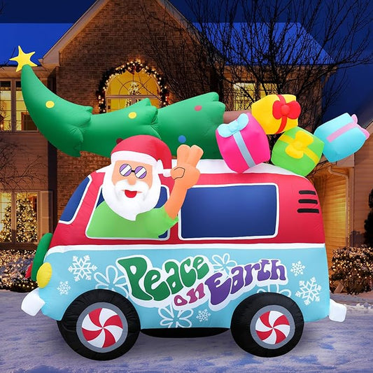 Holidayana Christmas Inflatables Large 8ft Tall Santa Hippie Van - Inflatable Outdoor Christmas Decorations Blow Up X-mas Decorations for Yard, Lawn & Garden Internal Lights & Built-in Fan