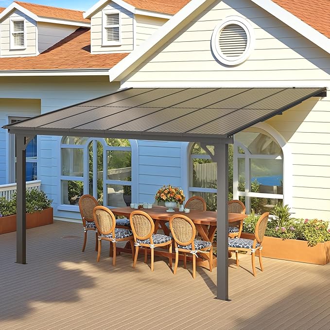 AECOJOY 10' x 12' Adjustable Height Outdoor Lean to Gazebo Pergola for Patio, Large Wall-Mounted 8.1-9.8 Ft Hard Top Metal Heavy Duty Metal Awnings Shelter Pergolas and Gazebos Clearance with Roof