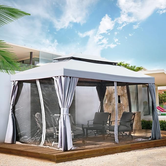 Grand Patio 10x13 Ft Outdoor Gazebo with Mosquito Netting and Curtains, Sturdy Straight Leg Tent Soft Top for Patios, Deck, Backyard
