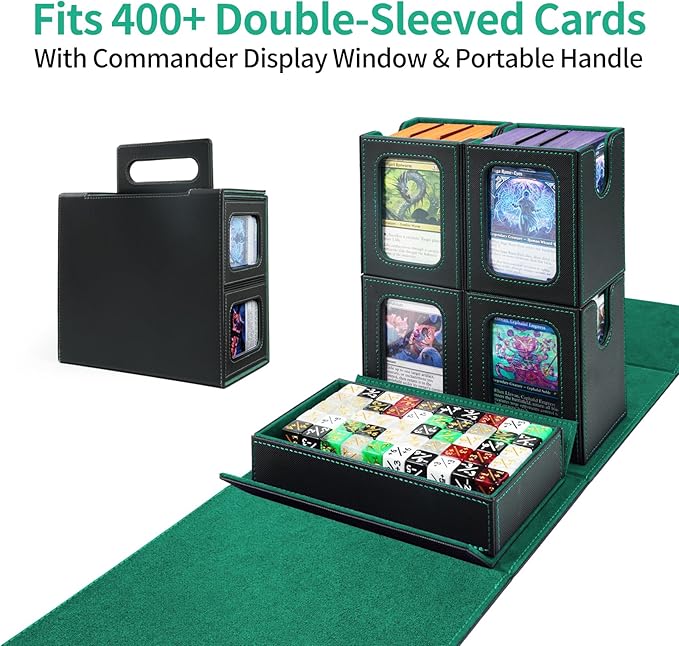 AFIING Commander Deck Box for MTG, Holds 400+ Double-Sleeved Cards, 4 Removable Deck Cases with Display Window, Dice Tray/Handle,Trading Card Storage Organizer/Dividers for TCG (Black Green)
