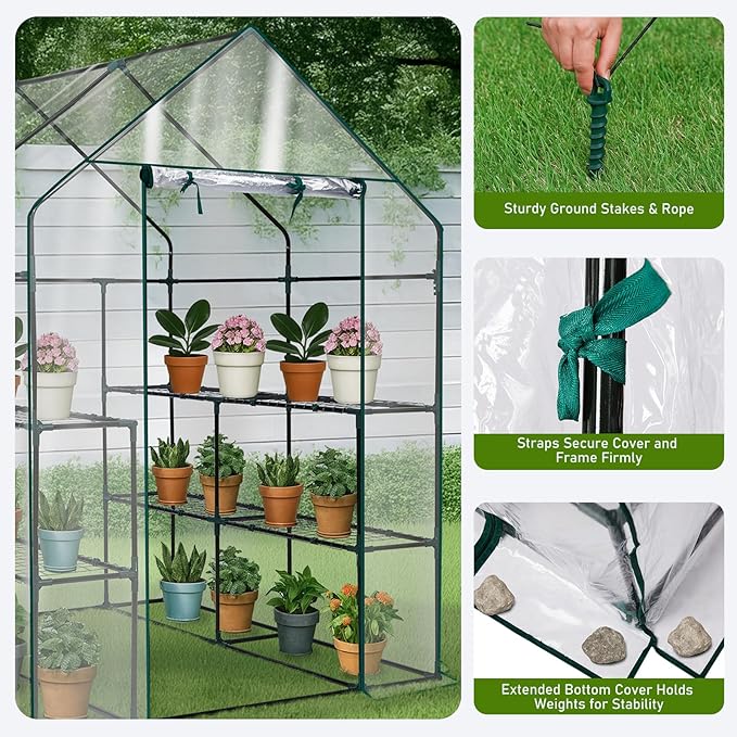 Outvita Walk-in Greenhouse, Outdoor Durable PVC Plant Green House for Frost Protection with 3 Tiers 8 Shelves, Shelf Clips, Roll-up Zipper Door, 56"x56"x77" Transparent