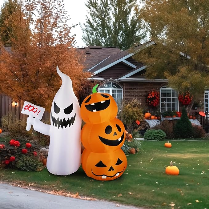 6Ft Halloween Inflatable Ghost Hammer Pumpkin Outdoor Decor with Build-in LEDs Blow Up Inflatable for Party Indoor Outdoor Garden Lawn Yard
