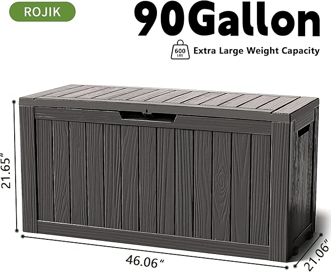 ROJIK Outdoor Storage Housing Deck Box - Waterproof Patio Furniture, Garden Tools, Cushions, Pool Accessories Storage Bench with Lockable Lid and Side Handles (Black 90 Gal)