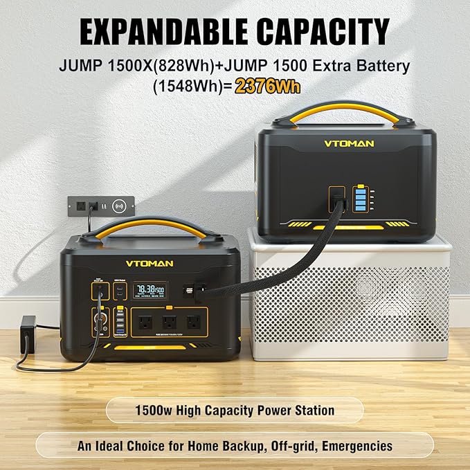 VTOMAN 2376Wh Portable Power Station with Extra Battery & 110W Solar Panel - 1500W Up to 3000W Solar Power Generator for Home Backup, Off-grid, Road Trip, RV, Camping, Fishing, Emergencies