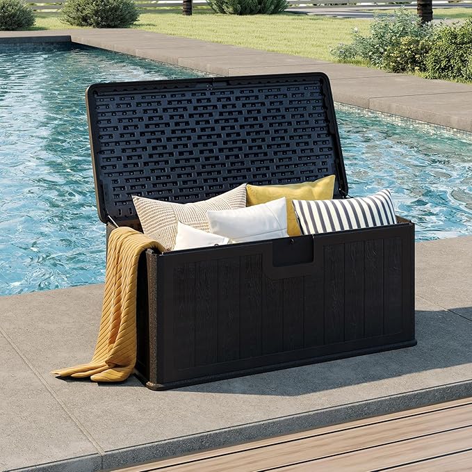 Tangkula 100 Gallon Outdoor Storage Box, Resin Outdoor Storage Bench with Lockable Lid, Waterproof Deck Box for Garden Tools, Pool Accessories, Cushions