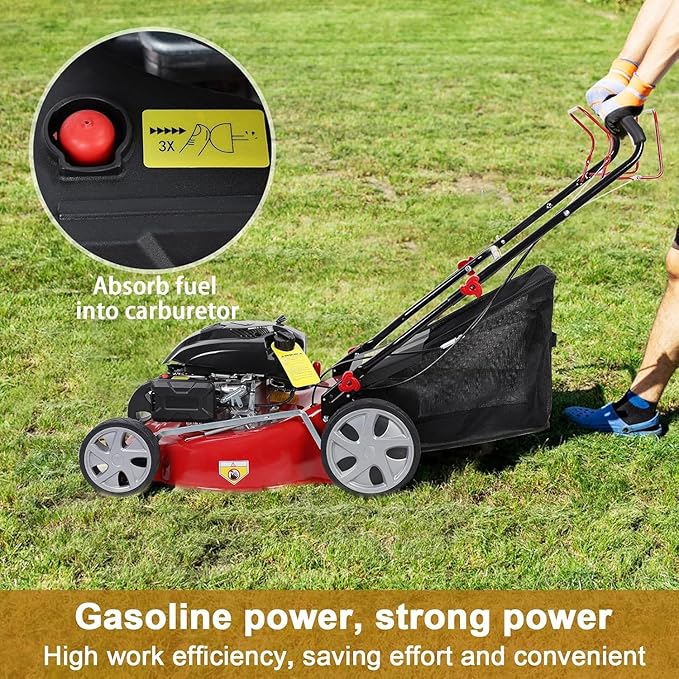 20 Inch 141cc Self Propelled Gas Lawn Mower, 4-Stroke Engine with 50L Grass Catcher, 7-Position Height Adjustment & Foldable Handle, Lawn Mower for Yard & Garden
