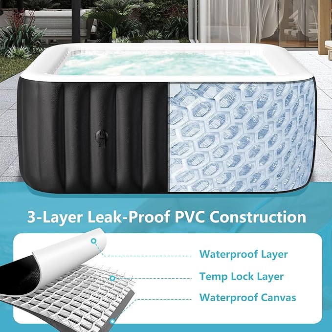 4-6 Person Inflatable Hot Tub, Large Square Blow Up Portable Hot Tub, Leak-Proof PVC Outdoor Spa with 130 Air Jets, Insulated Cover and Heater Pump, 73” X 73”X 25”