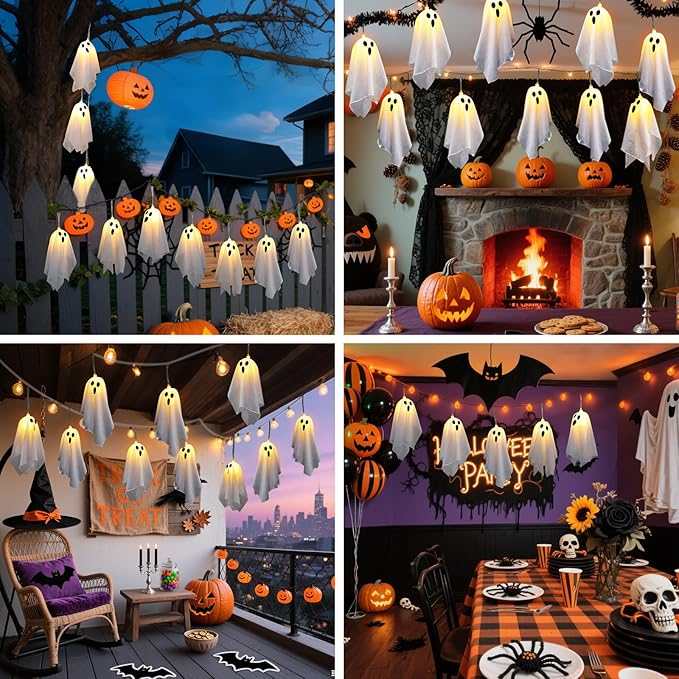 10p Halloween Decorations Outdoor,Ghost Decoration with Remote Control String Lights,Halloweens Party Decoration Indoor Porches Yards Gardens Lawn