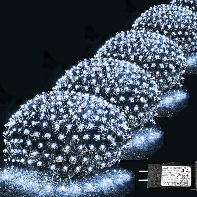 Christmas Net Lights, 610 LED Large Outdoor Net Mesh Lights 34.5X 5ft, 8 Modes Waterproof Twinkle String Lights Connectable for Bushes Halloween Yard Decor, Cool White