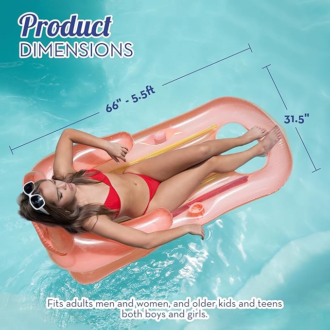 Pool Floats Adult Size Lounger with Cup Holder (2 Pack) Inflatable Floats for Swimming Pool Heavy Duty Lounger Floating Recliner Blow Up Floaties Water Floaty Lake Beach Tanning Float