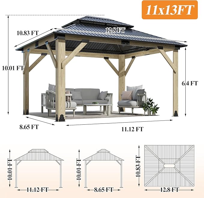 GARTOO 11’x13’ Outdoor Wooden Gazebo - Patio Galvanized Steel Gazebo with Double Vented Roof, Heavy-Duty Wooden Gazebos for Garden, Lawn, Poolside, Backyard Deck