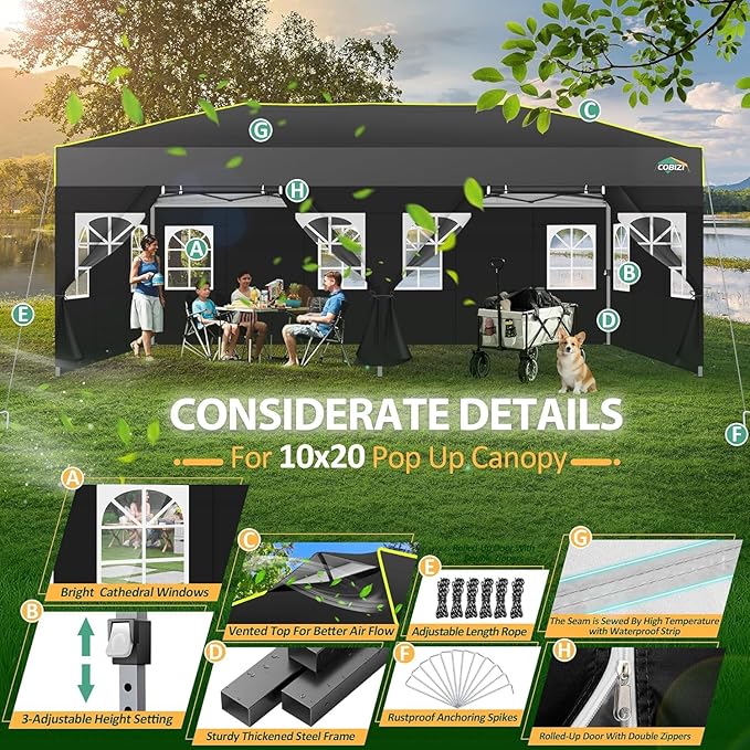 COBIZI 10x20 Pop Up Canopy with 6 Sidewalls One Push Setup Outdoor Event Shelter Waterproof UPF 50+ Gazebo Tent with Carry Bag,Air Vent,Sandbag for Wedding, Commercial, Party,Black