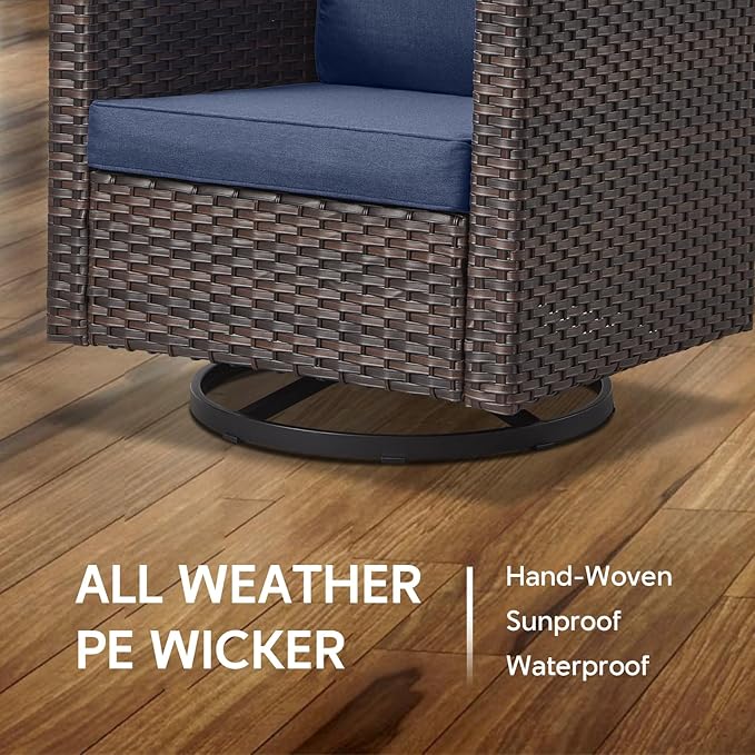 9 Piece Wicker Patio Furniture Set - Outdoor Swivel Rocker Chairs Set with Coffee Table, Rattan Chairs, 3 Seat Sofa & Ottomans, Patio Conversation Sets for Bcakyard Deck - Brown/Blue