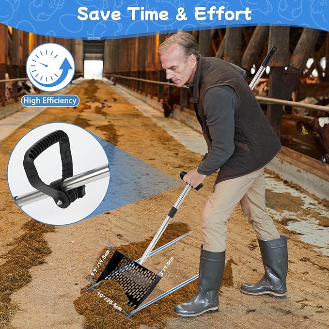 FHTONGE Heavy Large 2-in-1 Chicken Poop Scoop and Rake with Grip, Adjustable 5 Lenghts 22-74" Metal Chicken Coop Scooper for Sand Hay Bedding Litter, Sifting Shovel for Farm Livestock Poultry Garden