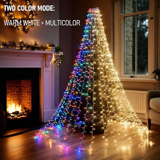 Dazzle Bright Christmas Tree Lights, 448 LED Waterfall Tree Topper Lights with Remote & 11 Modes, 8.2FT X 16 Lines Christmas Light for Indoor Outdoor Party Xmas Decoration, Warm White & Multi-Colored